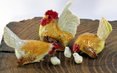 Hühner, Hahn, Küken, Porzellanminiaturen