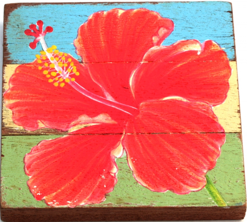 Hibiskus, auf Teak gemalt.
