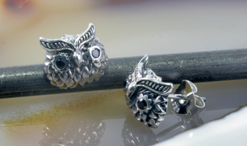 Eule, Ohrstecker, 925 Sterling Silber und blaue Safire