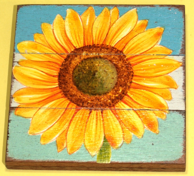 Sonnenblume, auf Teak gemalt.