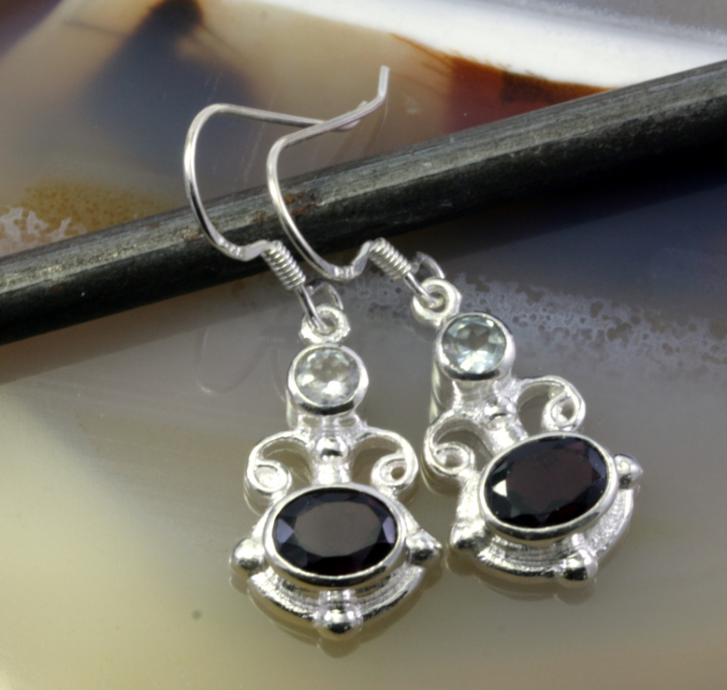 Granat, Blautopas und 925 Sterling Silber, Ohrringe